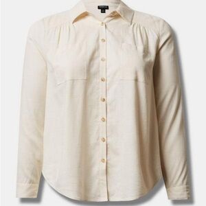 Torrid 3X Madison Essential Linen Blend Button Up Long Sleeve Shirt Cream